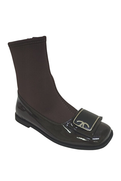 DRY SHOES Hakiki Deri Kahve Rugan Streç Kadın Bot Ayakkabı Kare Burun Düz Tab...