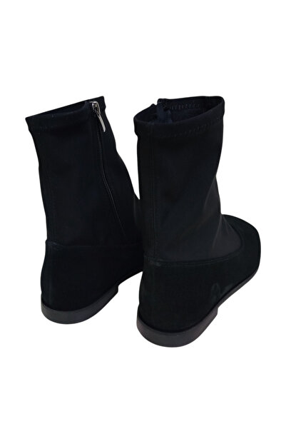 DRY SHOES Hakiki Deri Siyah Süet Streç Kadın Bot Ayakkabı Kare Burun Düz Taban Fermuarlı Çizme DRY-2115