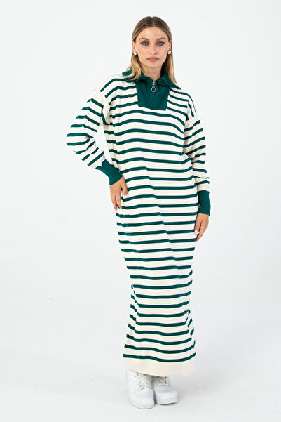 Nuevo Ριγέ Πλεκτό Φόρεμα Σμαραγδί Πράσινο Εκρού – Άνετο και Κομψό Χειμερινό Μ...