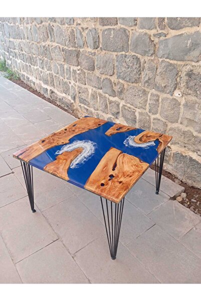 SUR AHŞAP EPOKSİ Zeytin Ağacından El Yapımı Ahşap Epoksi Tekli Kare Sehpa -78*78 cm - Yükseklik 52 cm