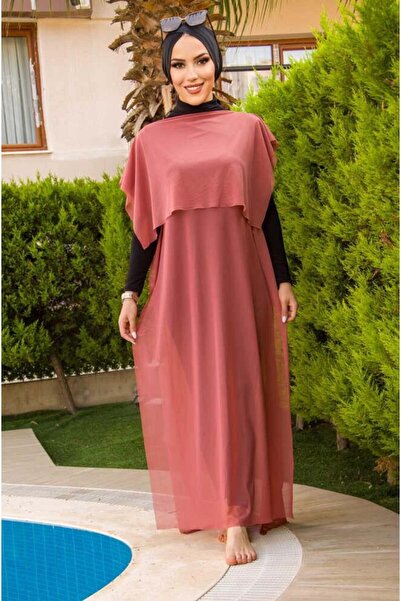 Aişe tesettür Gülkurusu Pelerinli Tesettür Pareo