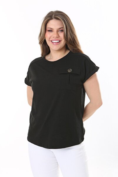 Şans Women's Plus Size Black Relaxed Fit Chest Pocket Short Sleeve Blouse 65N37856