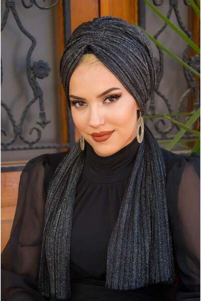 Aişe tesettür Siyah Gümüş Simli Piliseli Abiye Tokalı Bone