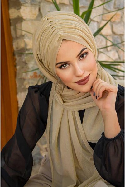 Aişe tesettür Beige Ready Shawl - Glittering Drawstring