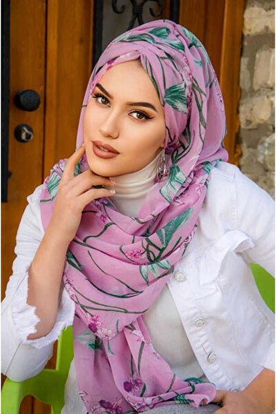 Aişe tesettür Gülkurusu Çiçek Desenli Hazır Şifon Şal