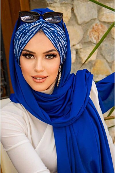 Aişe tesettür ساكس الأزرق مخطط تويست شال جاهز