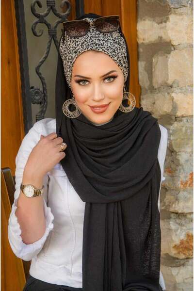Aişe tesettür Μαύρο εκρού πουά μπονέτο έτοιμο σάλι