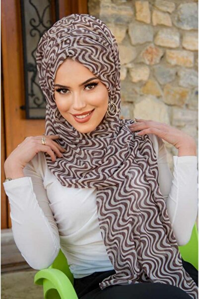 Aişe tesettür Brown Stone Color Geometric Pattern Ready-Made Shawl