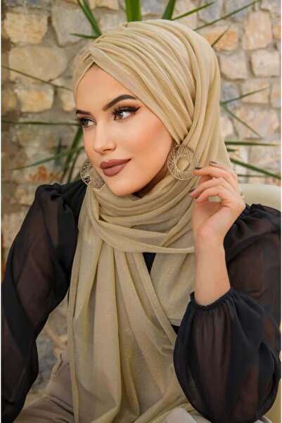 Aişe tesettür Beige Ready Shawl - Glittering Drawstring