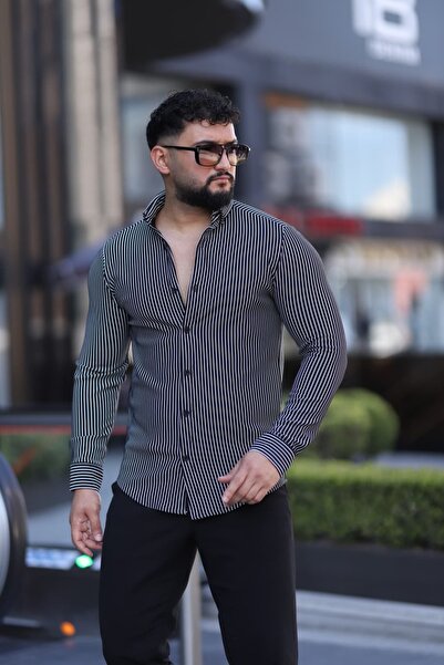 L-KOM Siyah Beyaz Çizgili Slim Fit Uzun Kol Erkek Gömlek - Modern Şık Stil