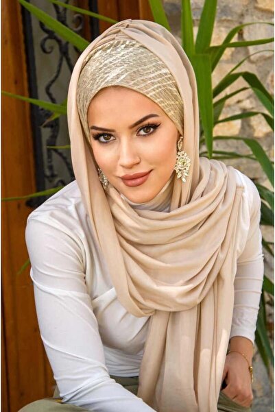 Aişe tesettür Beige Gold Bonnet Ready Shawl