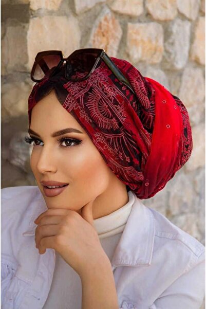 Aişe tesettür Red Black Shirred Wrapped Bonnet