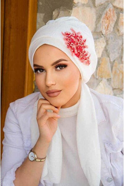 Aişe tesettür Λευκό Κόκκινο Κεντημένο Φουλάρι Βραδινό Καπό Φόρεμα - 60101