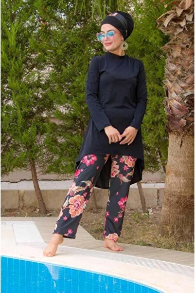 Aişe tesettür Siyah Çiçekli Tesettür Mayo