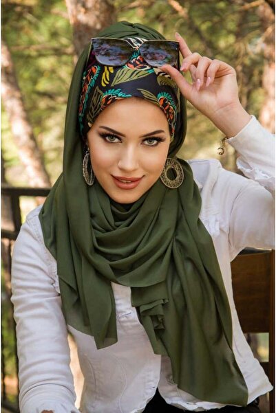 Aişe tesettür Khaki Black Leaf Pattern Bonnet Ready Shawl