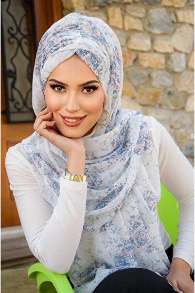 Aişe tesettür Beyaz Mavi Bahar Desen Hazır Şal