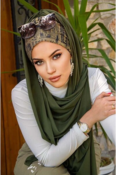 Aişe tesettür Khaki Text Patterned Bonnet Ready Shawl
