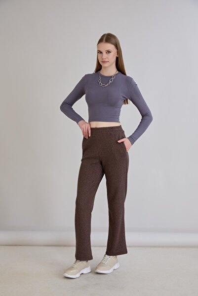 Sortie Women's Regular Fit Pipe Leg Brown Glitter Knitted Trousers