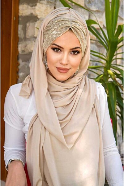 Aişe tesettür Bej Vizon Büzgülü Hazır Şal