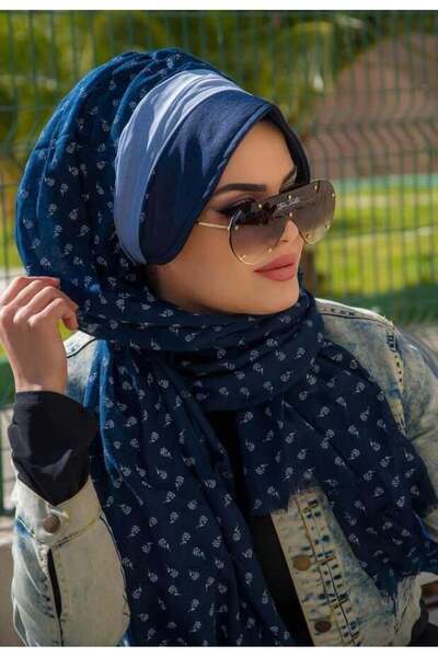 Aişe tesettür Lacivert Bantlı Dantelli Şapka Şal