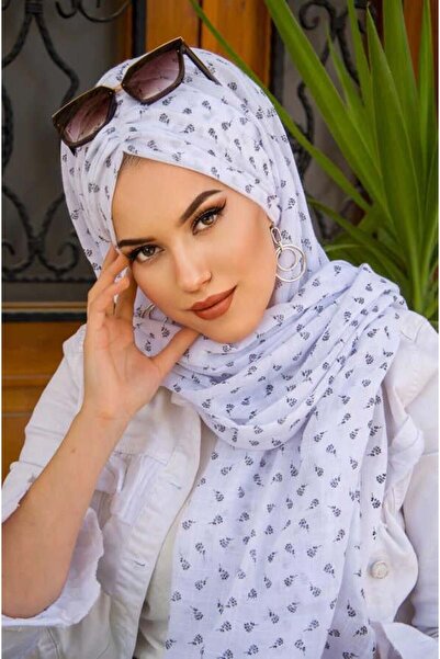 Aişe tesettür Beyaz Siyah Çiçek Desenli Hazır Şal