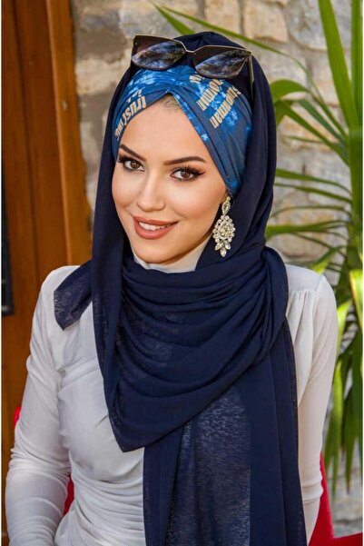 Aişe tesettür Lacivert Büzgülü Hazır Şal - 50601