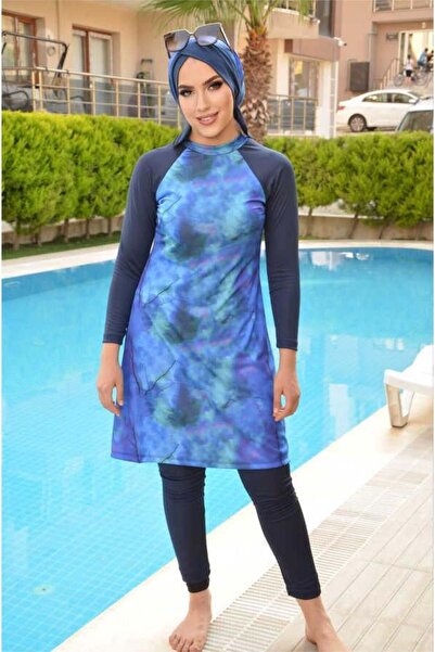 Aişe tesettür Lacivert Turkuaz Desenli Tesettür Mayo Takım