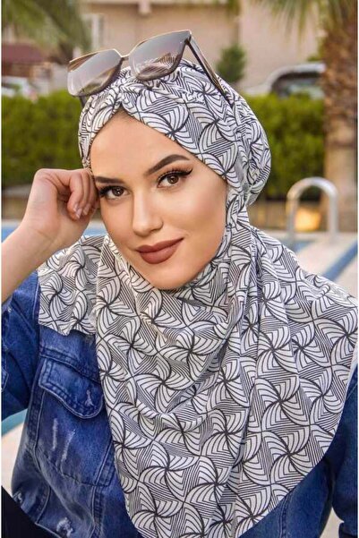 Aişe tesettür Beyaz Siyah Desenli Hazır Şal Eşarp