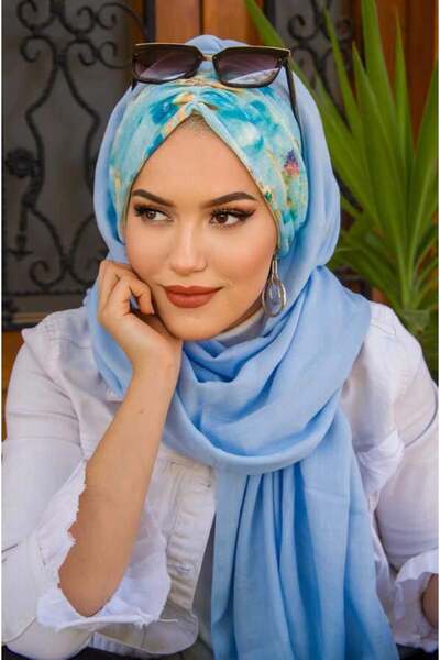 Aişe tesettür شال جاهز بنمط زهرة منقوشة باللون الأزرق للأطفال