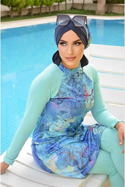 Aişe tesettür Mavi Su Yeşili Desen Tesettür Mayo Takım