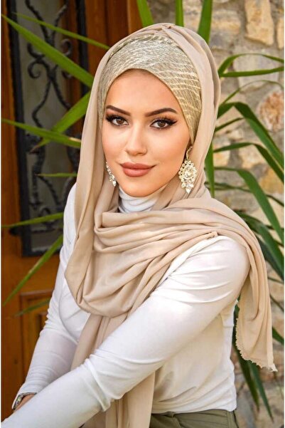 Aişe tesettür Beige Gold Bonnet Ready Shawl