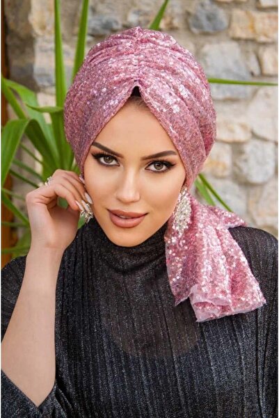 Aişe tesettür Pudra Payetli Abiye Tokalı Bone