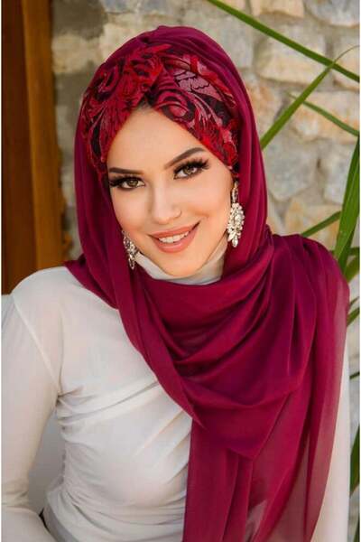 Aişe tesettür Bordo Çiçek Desen Burgu Hazır Şal