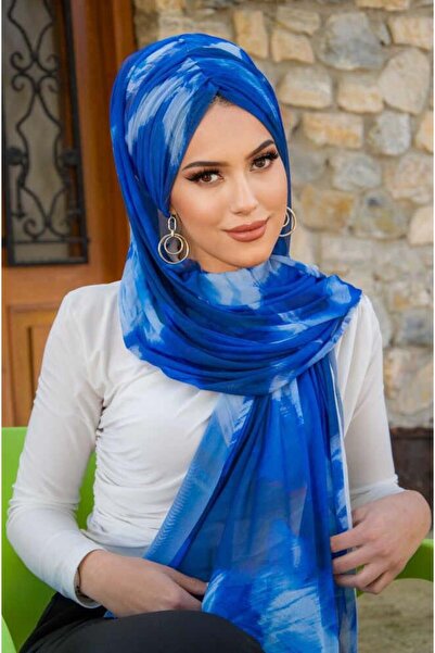 Aişe tesettür μπλε κοβαλτίου Έτοιμο σάλι με μπλε σχέδιο μπατίκ