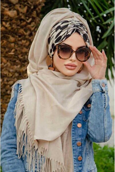 Aişe tesettür Bej Siyah Desenli Büzgülü Hazır Şal