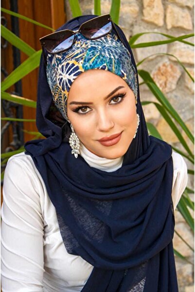 Aişe tesettür Έτοιμο σάλι με μοτίβο λουλουδιών σε μπλε ναυτικό χρώμα