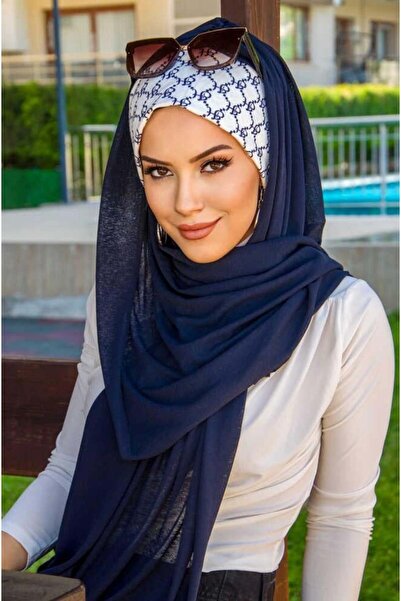 Aişe tesettür Navy Blue Line Pattern Bonnet Ready Shawl