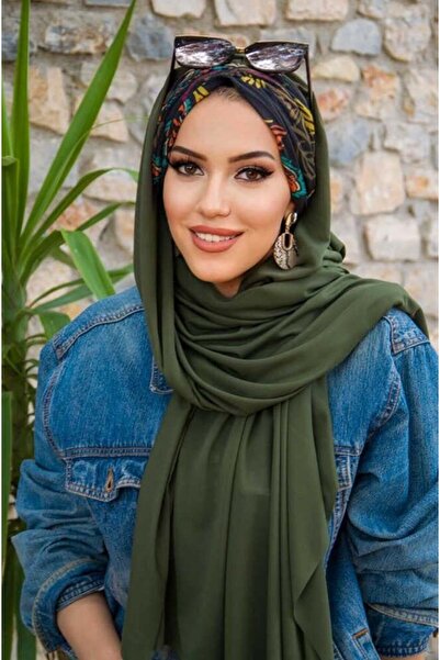 Aişe tesettür Khaki Black Gathered Ready Shawl - 50601