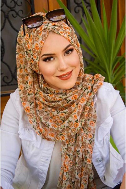 Aişe tesettür Vizon Bej Çiçek Desenli Hazır Şifon Şal