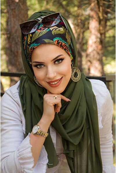 Aişe tesettür Khaki Black Leaf Pattern Bonnet Ready Shawl
