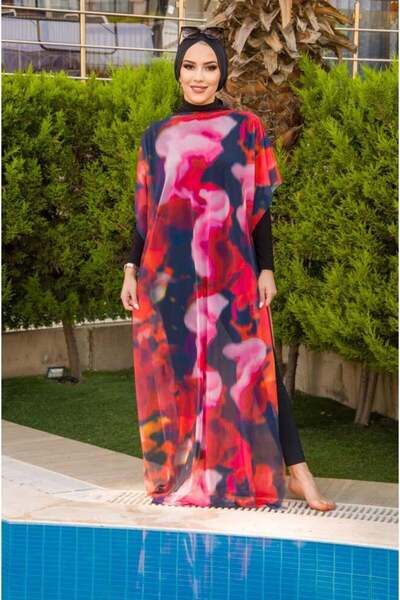 Aişe tesettür Kırmızı Tonlu Batik Desenli Tesettür Pareo