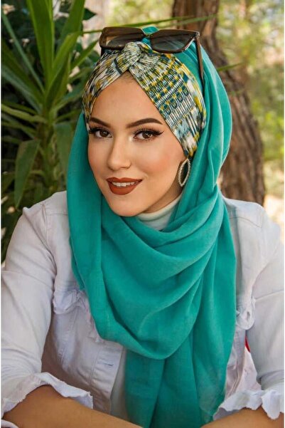 Aişe tesettür Mint Hardal Desenli Burgu Hazır Şal