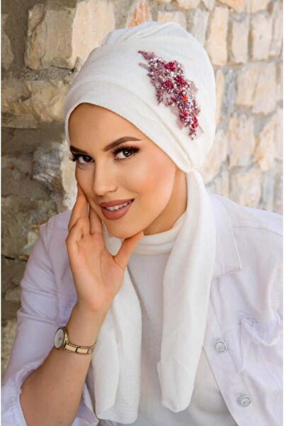 Aişe tesettür Beyaz Bordo Nakışlı Atkılı Abiye Bone - 60101