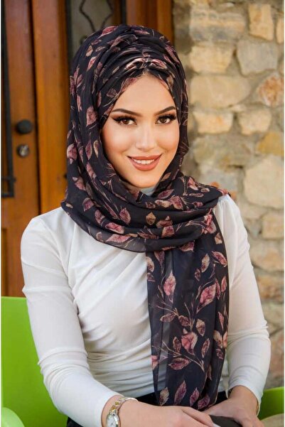 Aişe tesettür Black Powder Leaf Pattern Ready Shawl