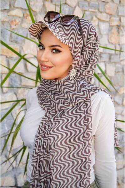 Aişe tesettür Kahve Helezon Desen Kepli Bandana Şapka Şal