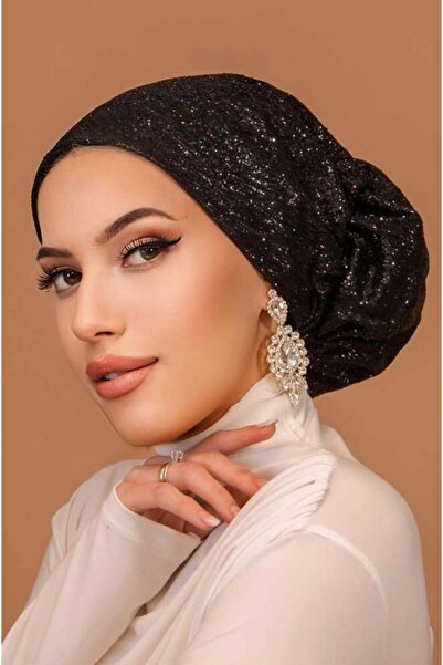 Aişe tesettür Siyah Simli Çağla Abiye Hazır Türban Bone