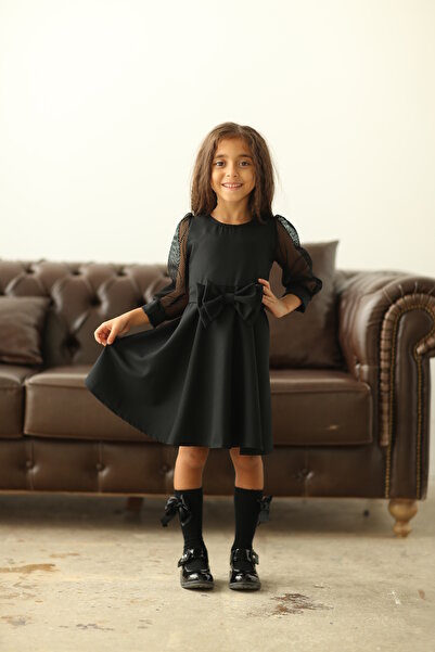 KÜÇÜĞÜM BUTİK Черна рокля с ръкави и волани за момичета