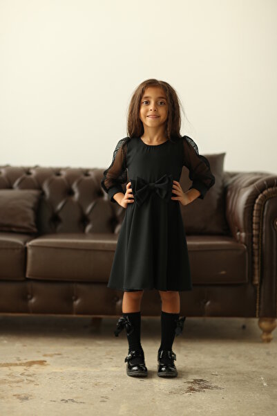 KÜÇÜĞÜM BUTİK Μαύρο φόρεμα για κορίτσια με διχτυωτό μανίκι