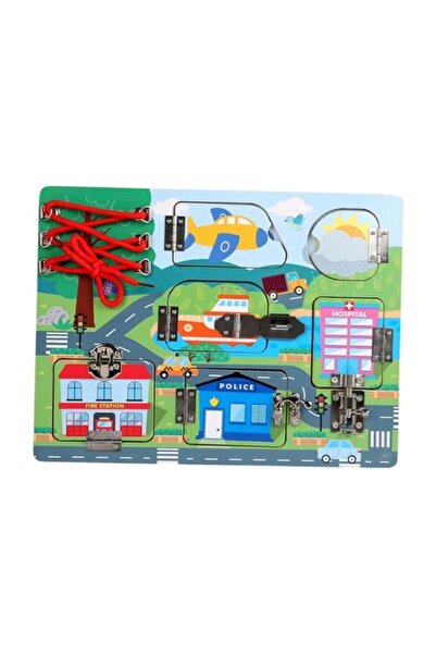 Picodino Wooden Busy Board with Lace and Locks - Vehicles