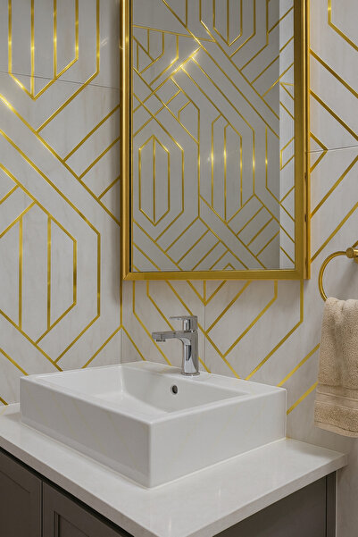 UKAB DEKOR 30x60 cm Kendinden Yapışkanlı Esnek Köpük Gold Şeritli Pvc Mermer Panel Banyo WC Mutfak TJ011